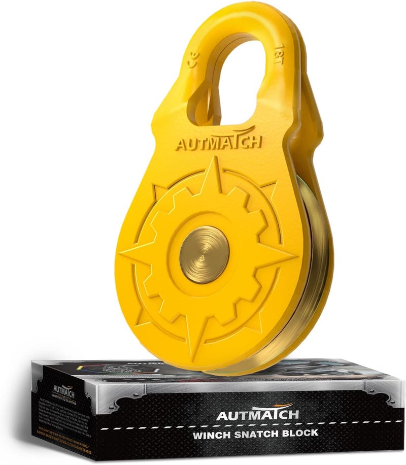 AUTMATCH كتلة سحب ونش 18 طن - بكرة ونش (79,366 رطل) قوة كسر، بكرة سحب ثقيلة للطرق الوعرة لاستعادة السحب للحبال الاصطناعية أو الكابلات الفولاذية، شاحنة، UTV، ATV، أصفر - Image 1